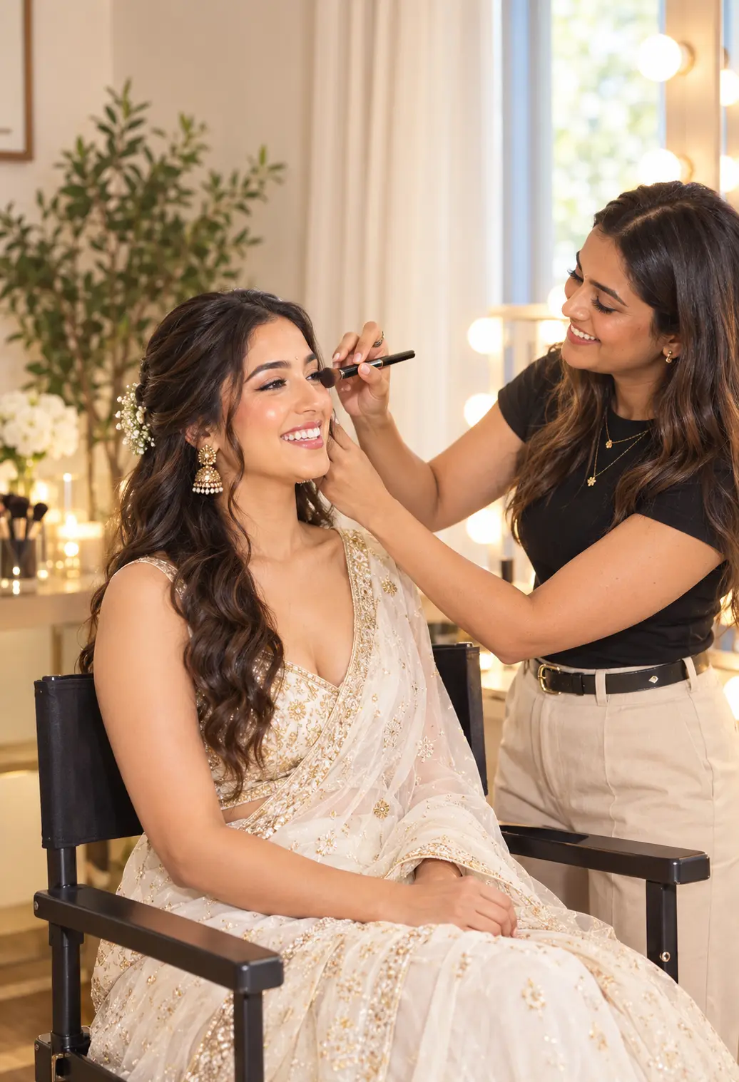 A makeup artist applying bridal makeup to a seated client