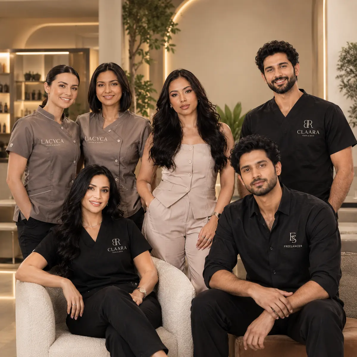 A team of salon professionals seated together