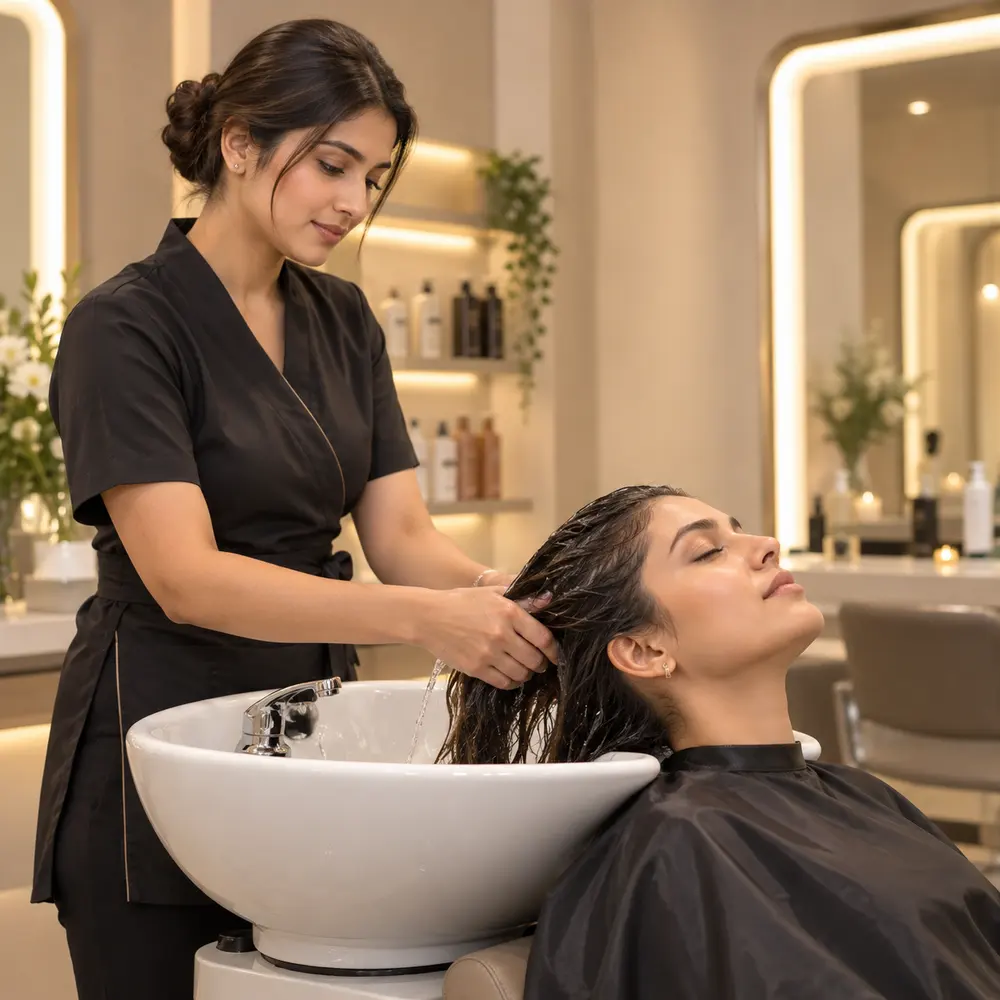 A stylist washing a client's hair at a salon basin