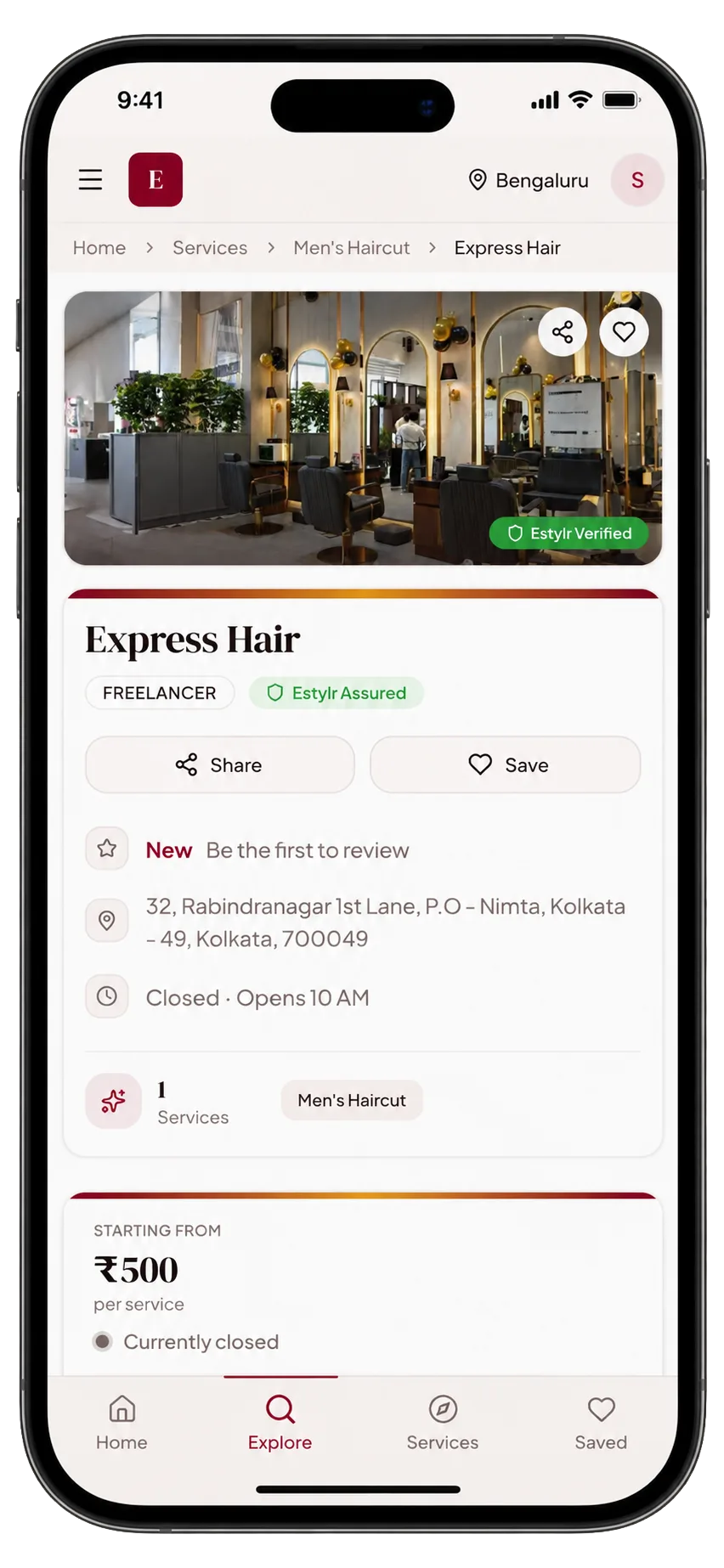 The Estylr app showing professionals available near you, with prices
