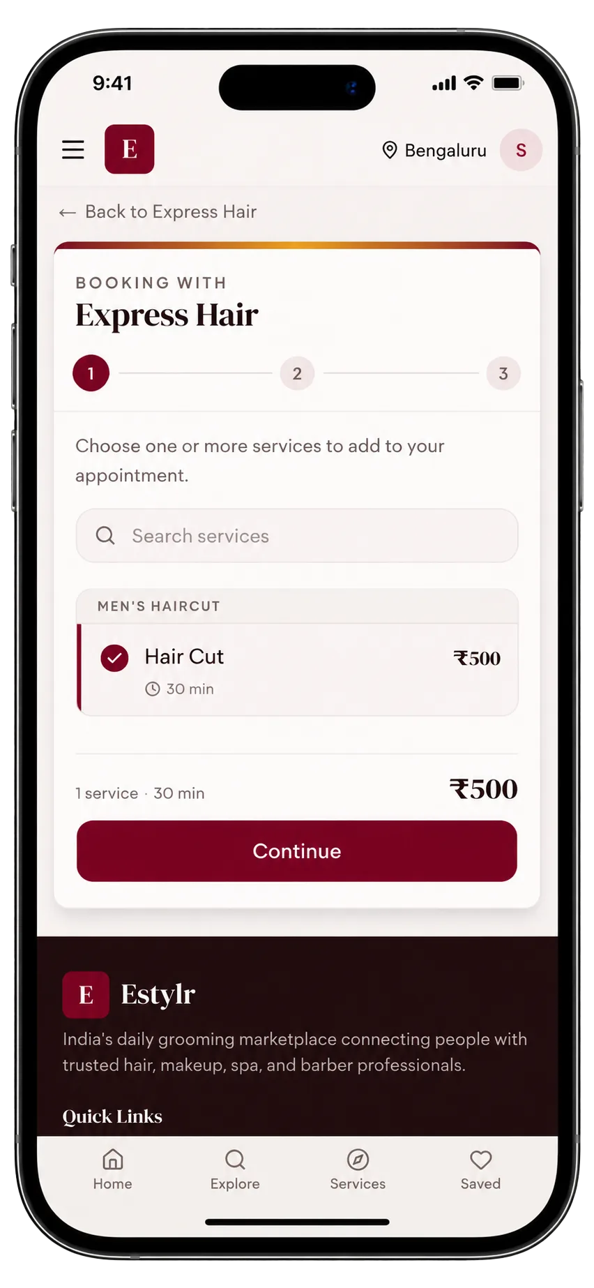 The Estylr app showing a professional's services, prices and reviews