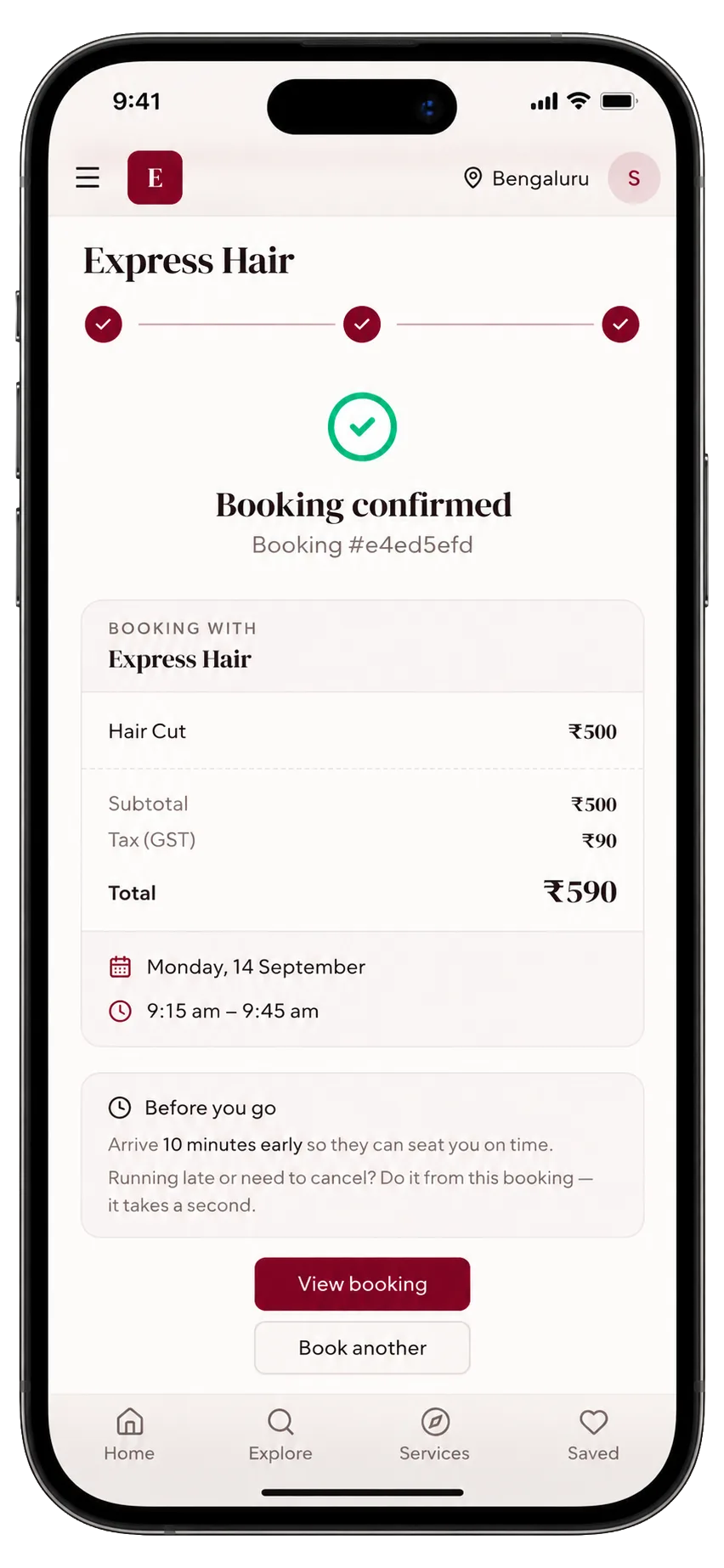 The Estylr app showing a confirmed booking and its payment summary
